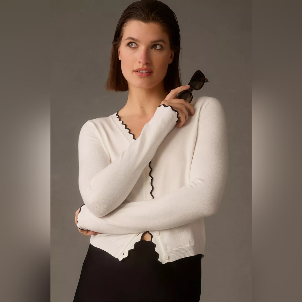 English Factory Scalloped Cardigan Sweater - Black & White